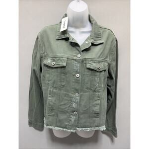 Womens Luvamia Denim Jacket Distressed Jean Frayed Oversized Green Jacket M New